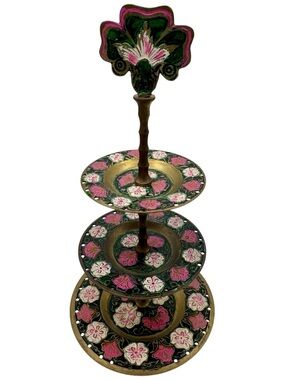 Vintage, floral-patterned brass and enamel 3-tier tray stand